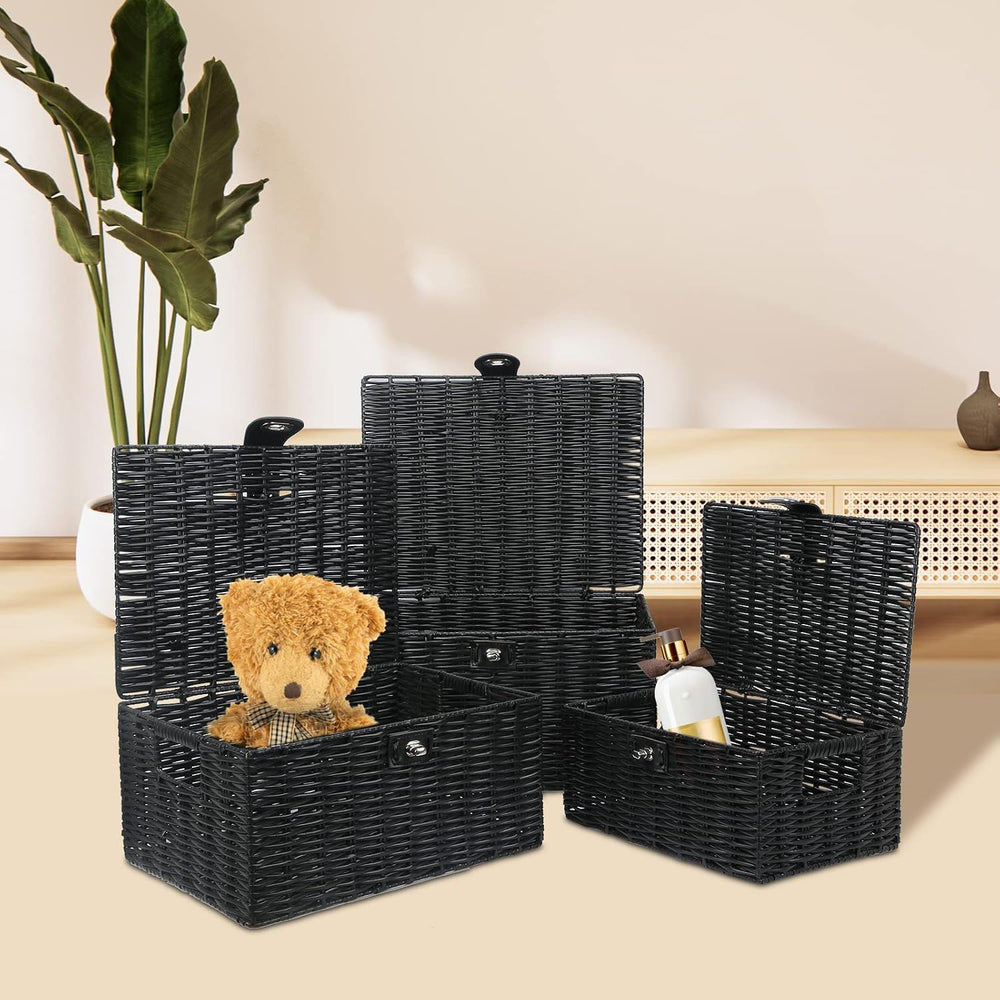 Honygebia Black Wicker Storage Baskets - Set of 3 Decorative Nesting Boxes wi...