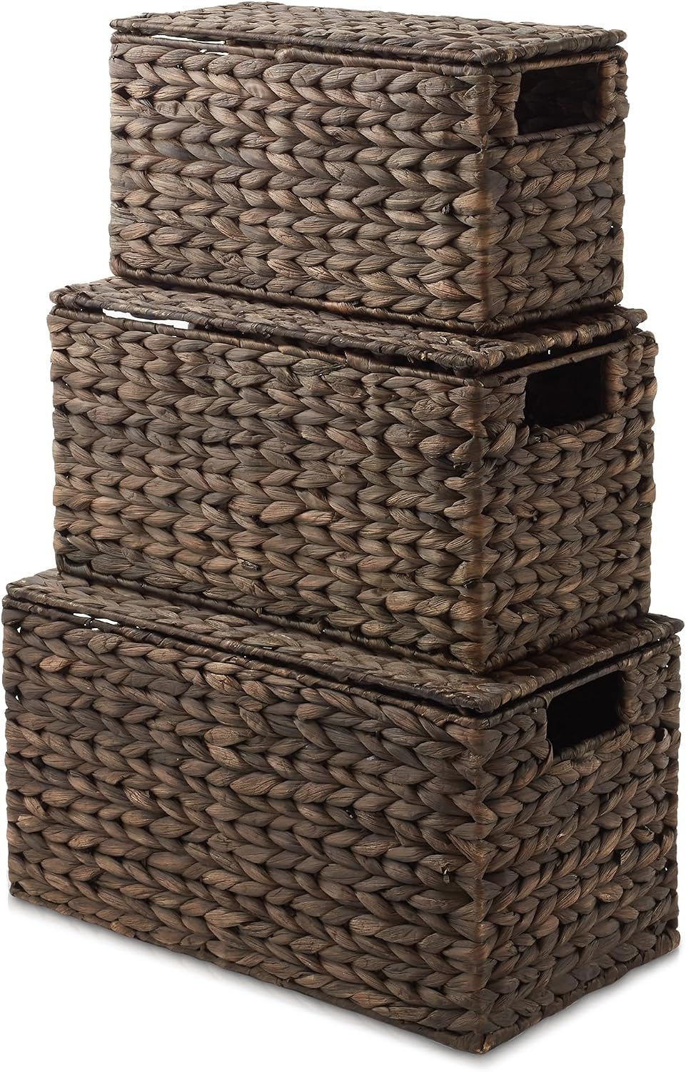 Casafield Set of 3 Water Hyacinth Storage Baskets with Lids, Espresso - Small...