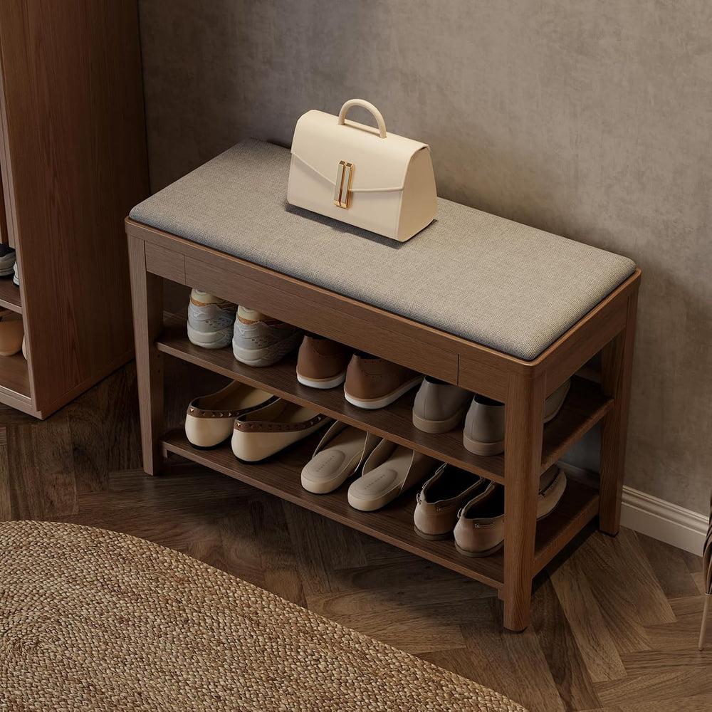 Solid Wood Shoe Bench with Storage, 2-Tier Shoe Storage Bench with Cushion