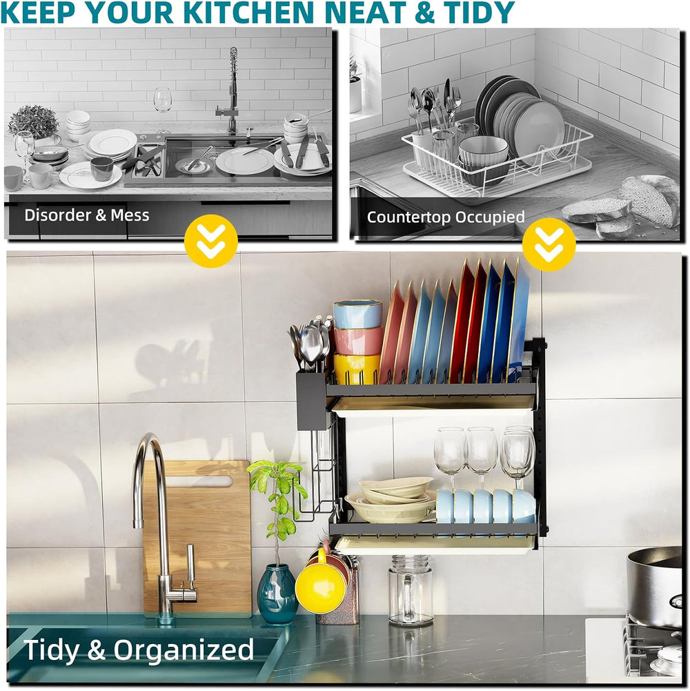 Hanging Wall Mounted Dish Drying Rack, Cutting Board Rack*1, Hook*4, Drain Tr...