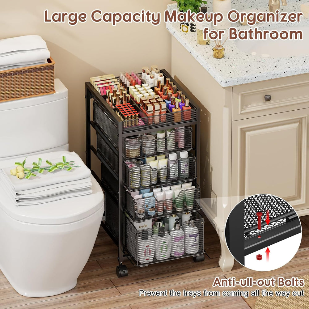 5-Tier Rolling Makeup Cart Organizer with 4 Drawers, Cosmetics Display with D...