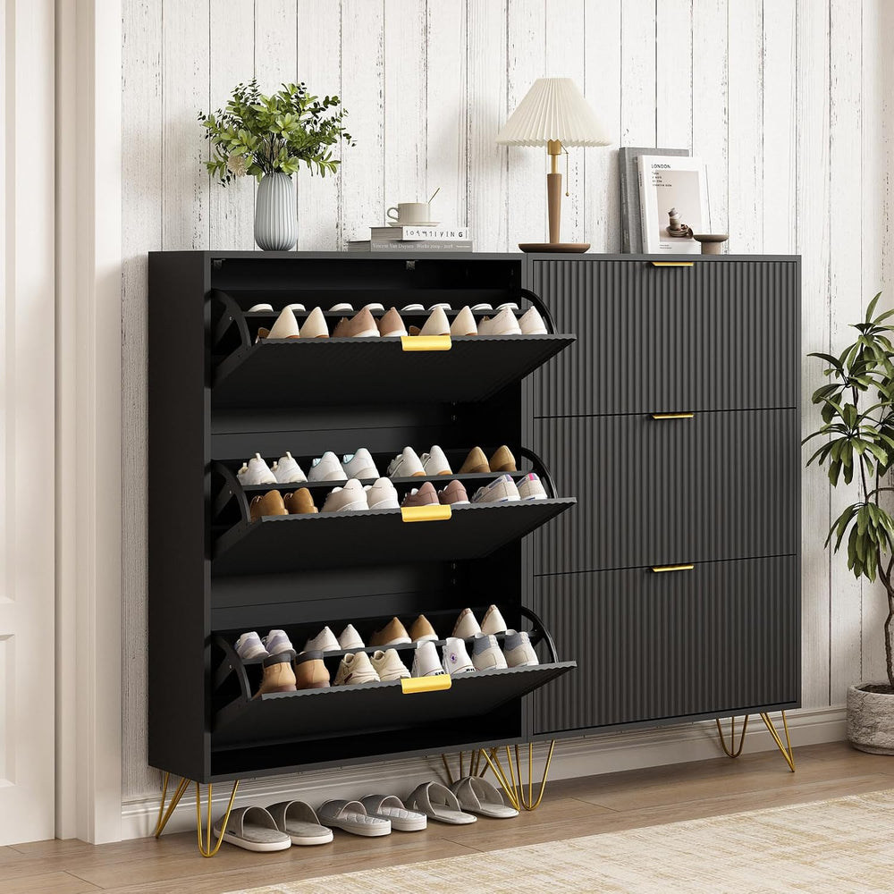 Fluted Shoe Cabinet with 3 Flip Drawers, Gold Handle and Metal Legs, Black丨Fl...