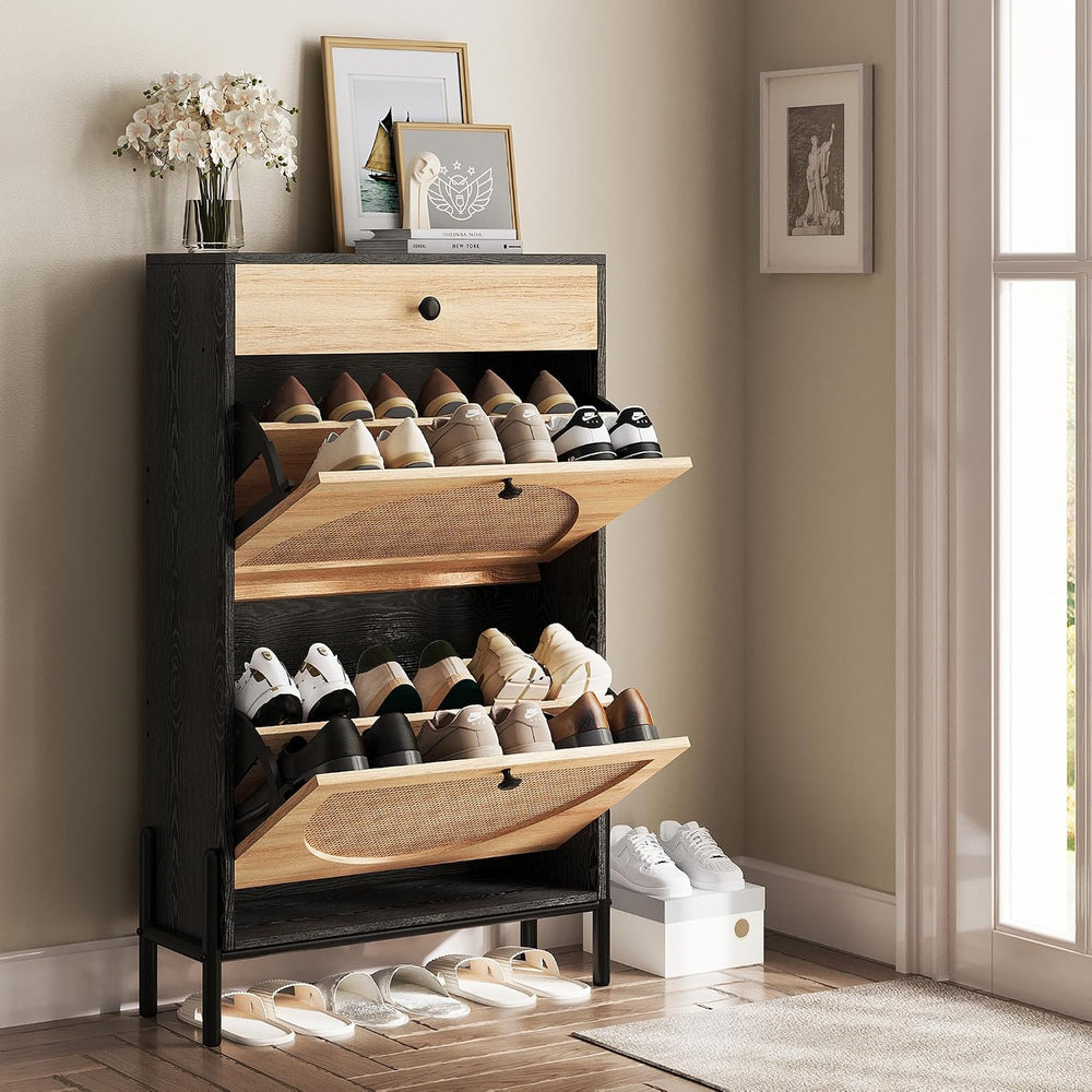 IRONCK Narrow Shoe Cabinet with 2 Flip Drawers and Rattan Doors, Black