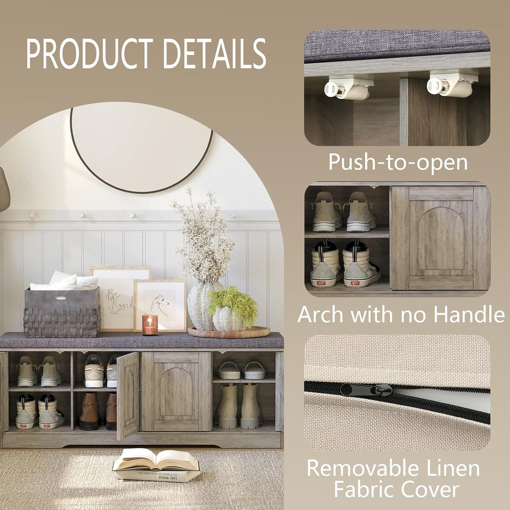 DINZI LVJ Shoe Storage Bench with Cushion, Door, Gray Wash 47.2" LX17.7 H