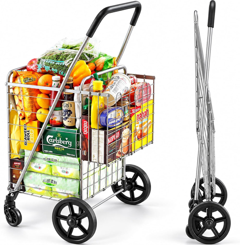 Wellmax Folding Shopping Cart for Seniors, Metal Grocery Cart, 66 lb Max
