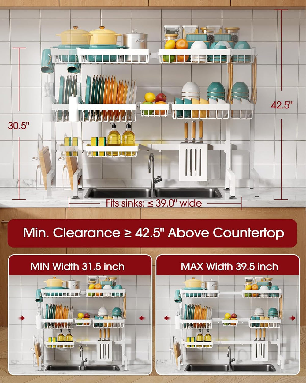 Sakugi Over The Sink Dish Drying Rack - Adjustable 3 Tier XX-Large Capacity S...