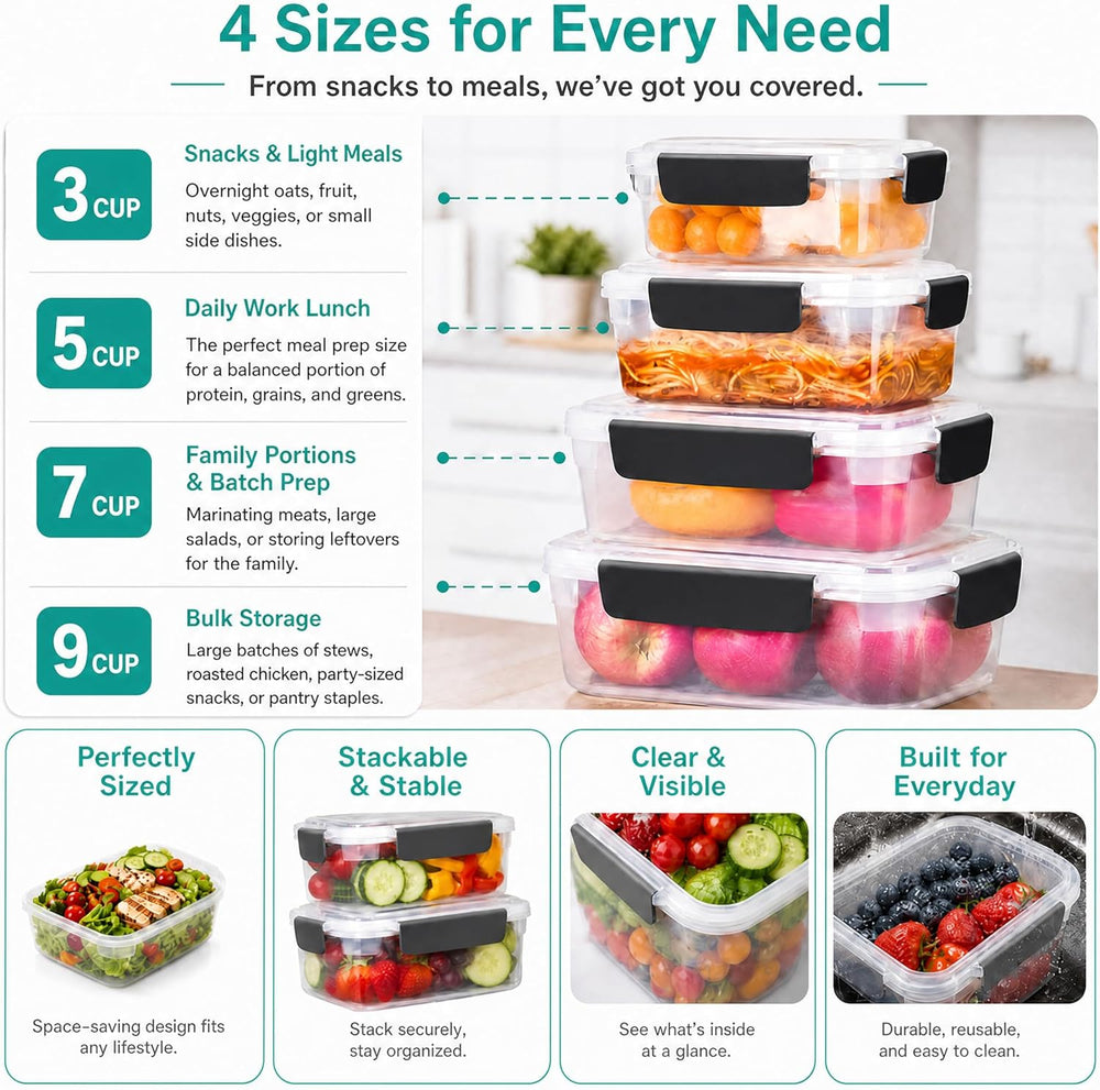 9 cup Plastic Food Storage Containers with Lids Nestable Freezer Dishwasher S...