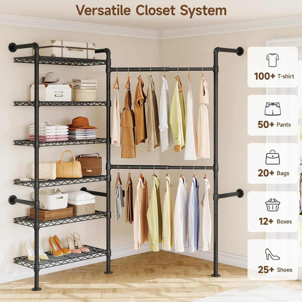 ONBRILL L2 Wall Mounted Closet System, Industrial Pipe Clothing Rack, Black