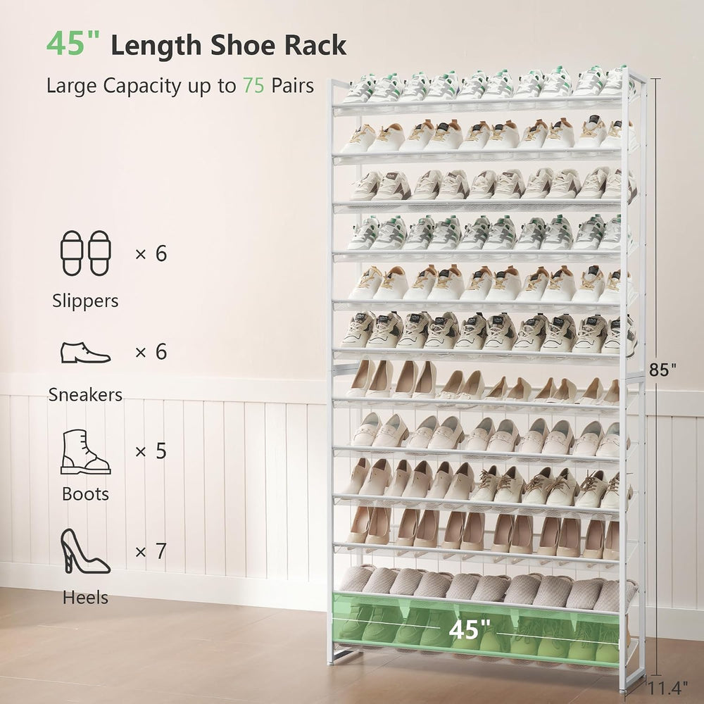 Nunsino Shoe Rack, Long Shoe Organizer,Max Holds 75 Pairs,12 Tier Metal Shoe ...