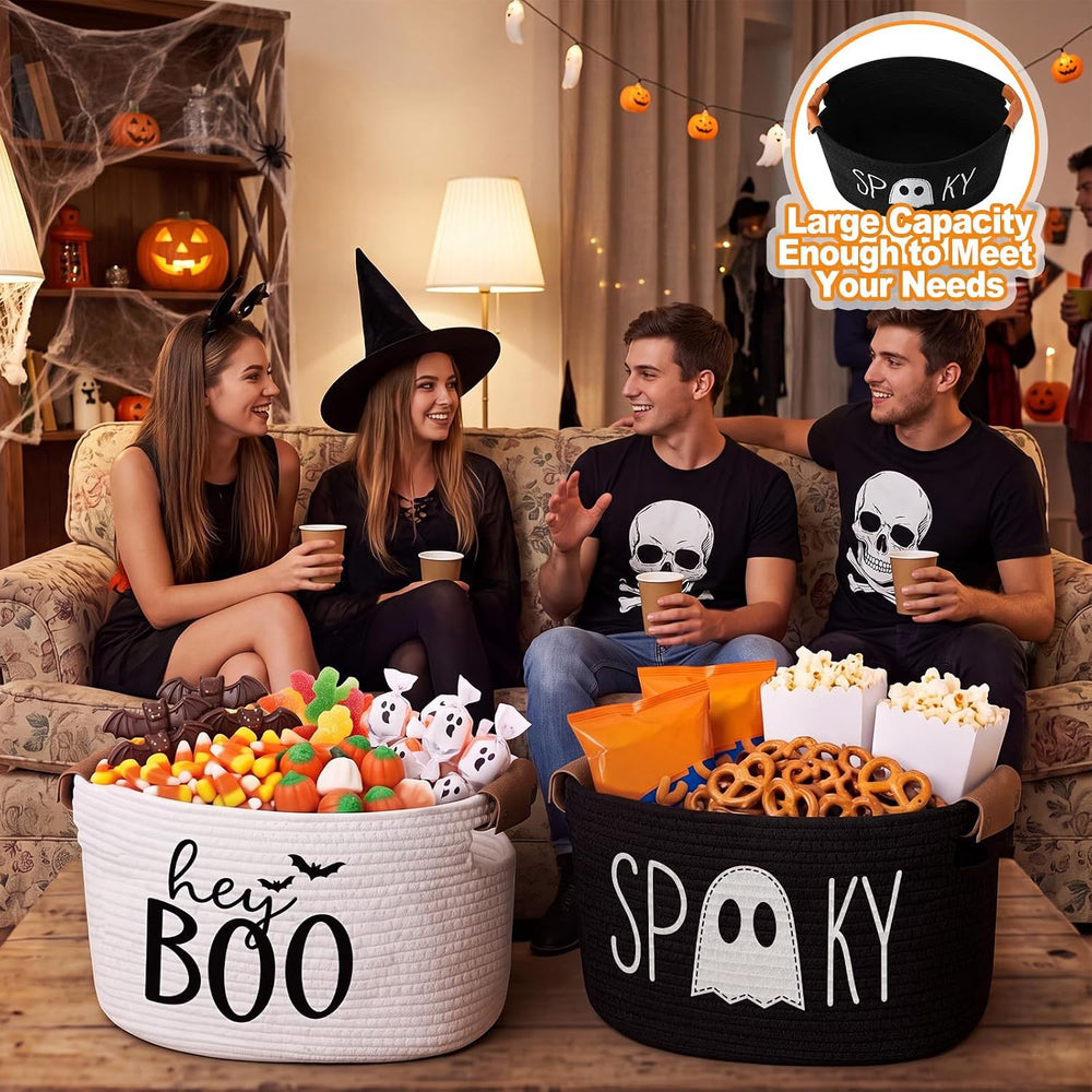 Potchen 2 Pcs Halloween Boo Cotton Rope Basket with Handles