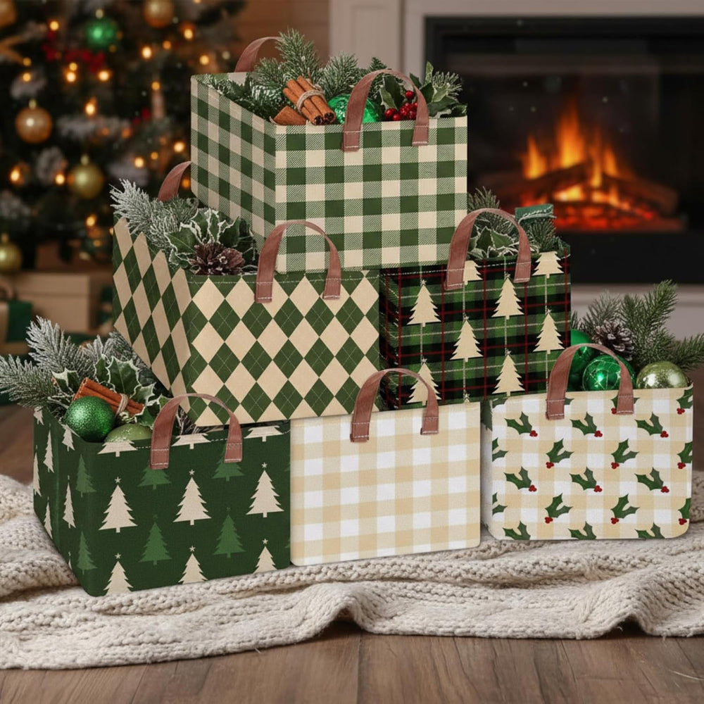 Boao 6 Pack Neutral Christmas Gingham Storage Baskets for Gifts Empty