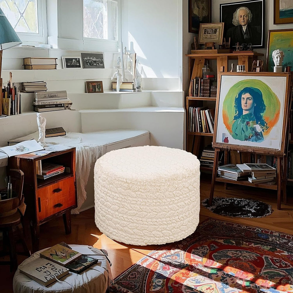 Round Pouf Ottoman Footstool 20x14In Ottoman Footrest for Couch Linen White