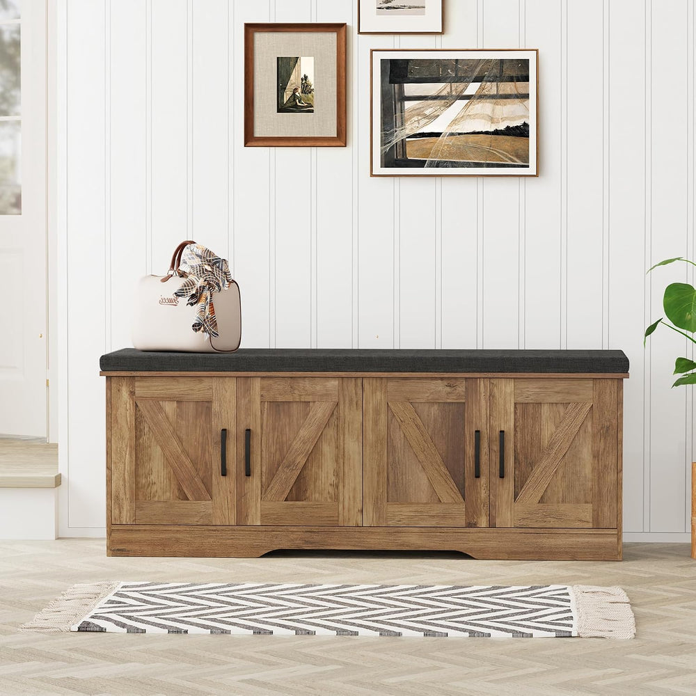 HOMSHO Farmhouse Shoe Storage Bench with 4 Barn Doors & Padded Seat Cushion