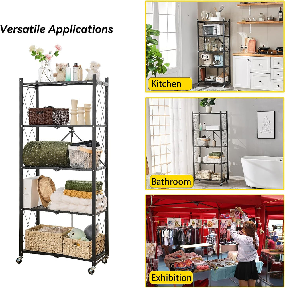 BRIAN & DANY 5-Tier Foldable Storage Shelves with Wheels, Folding Metal R...