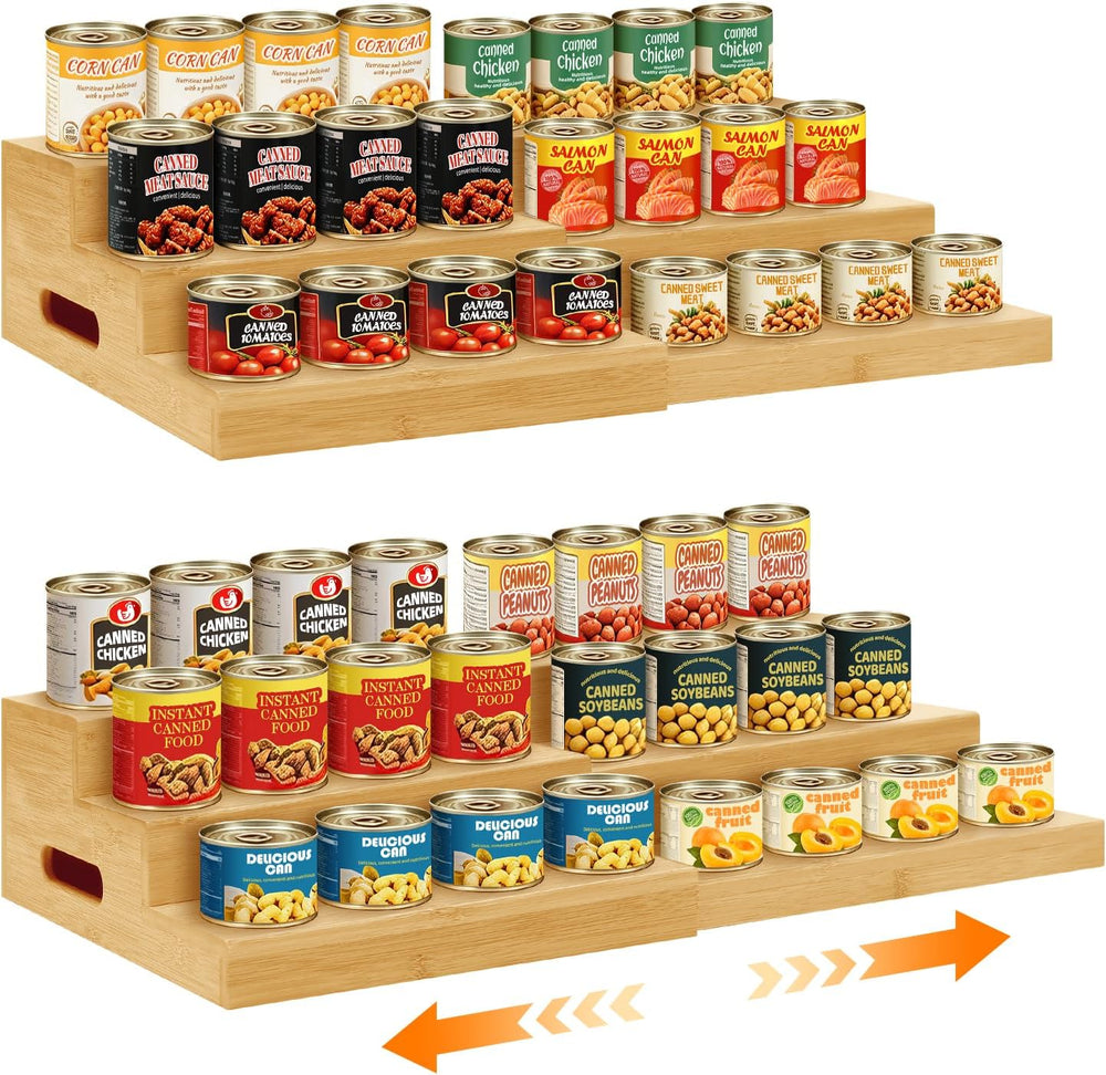 2 Pack 3-Tier Bamboo Expandable Can Rack Organizer for Pantry