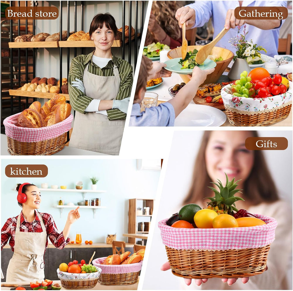 Qinyoung 2 Sets Wicker Bread Baskets with Liner and Tong, Fresh Style