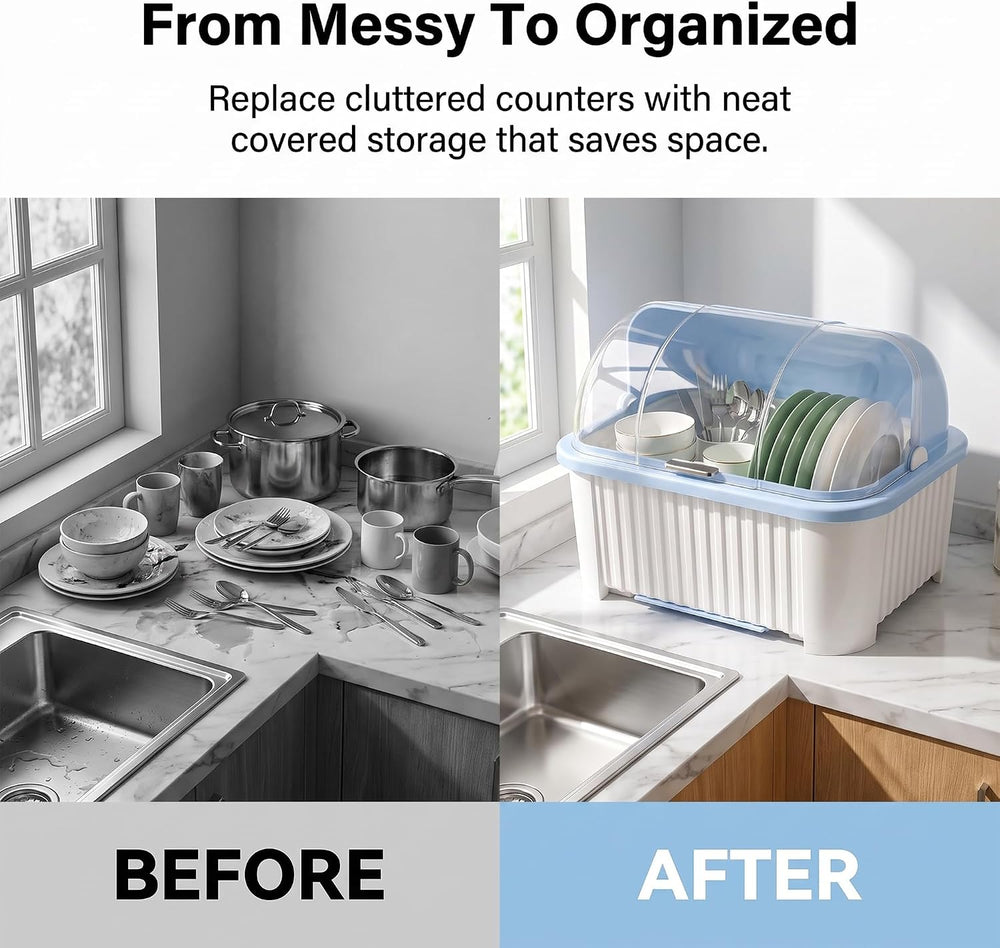 PureBox Large Capacity Dish Drying Rack and Drain Board with Flip-Up Lid Cove...