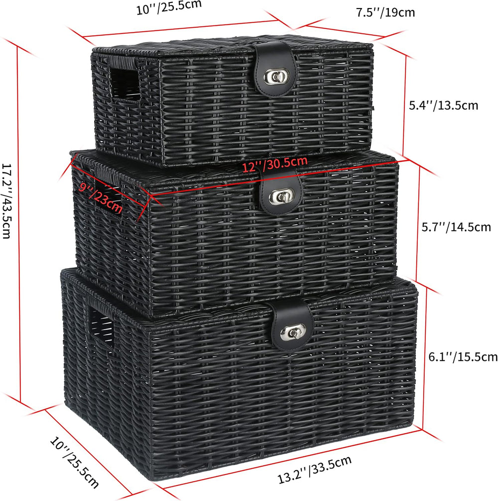 Honygebia Black Wicker Storage Baskets - Set of 3 Decorative Nesting Boxes wi...