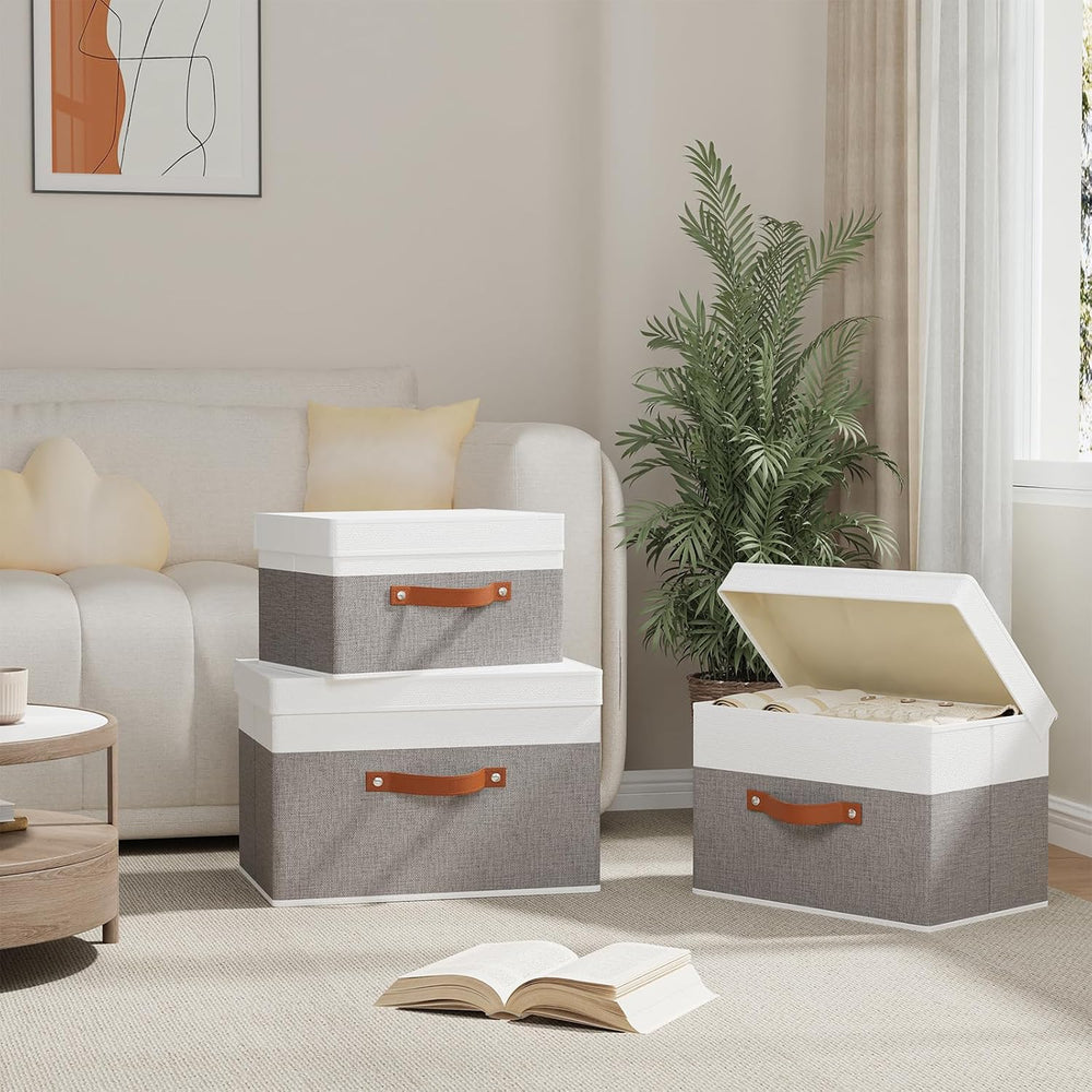Storage Bins with Lids,White/Grey Baskets,5Pack,13x9.1x7.9In