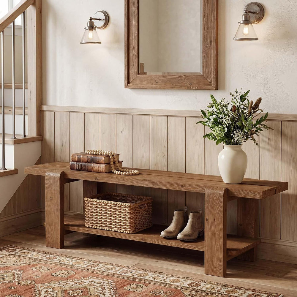 Solid Wood Entryway Bench with Shoe Storage Shelf, 63-Inch Long Farmhouse Ent...
