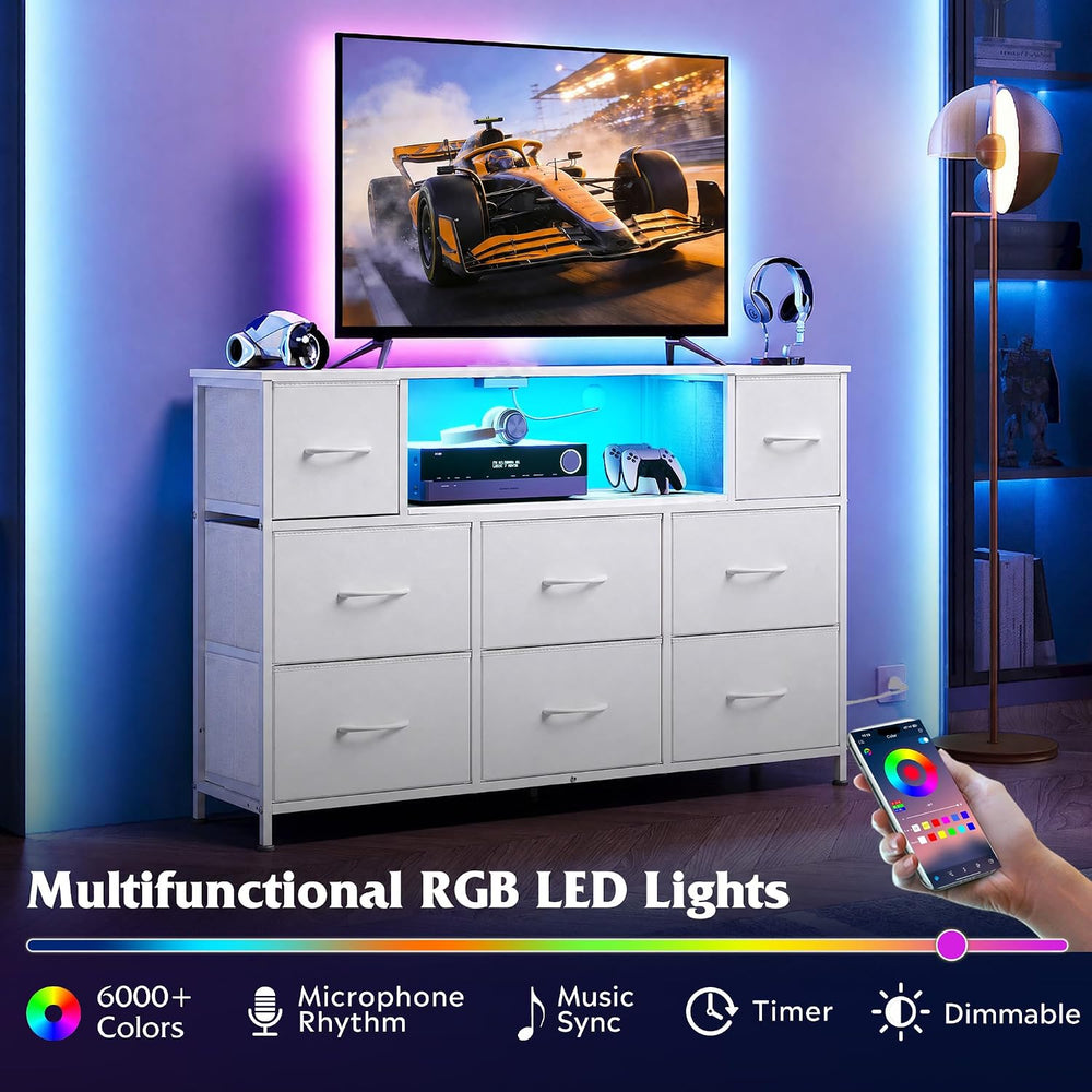 WLIVE LED Dresser TV Stand for 55 Inch TV, 8 Drawers, White