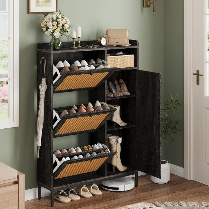 GarveeHome Shoe Cabinet Rattan with 3 Flip Drawers