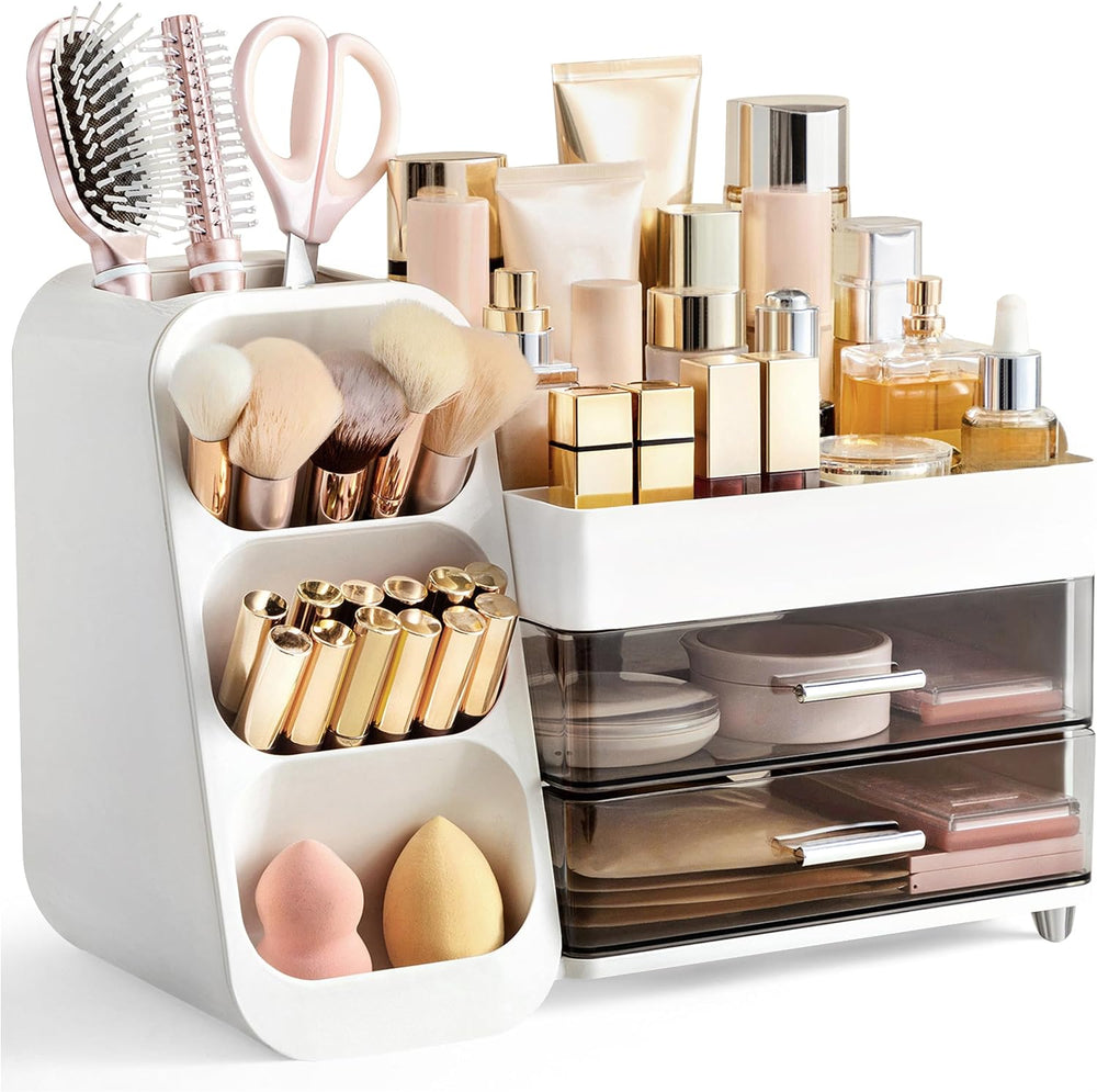 HBlife Makeup Organizer with Brush Holder for Vanity, Large Plastic Bathroom ...