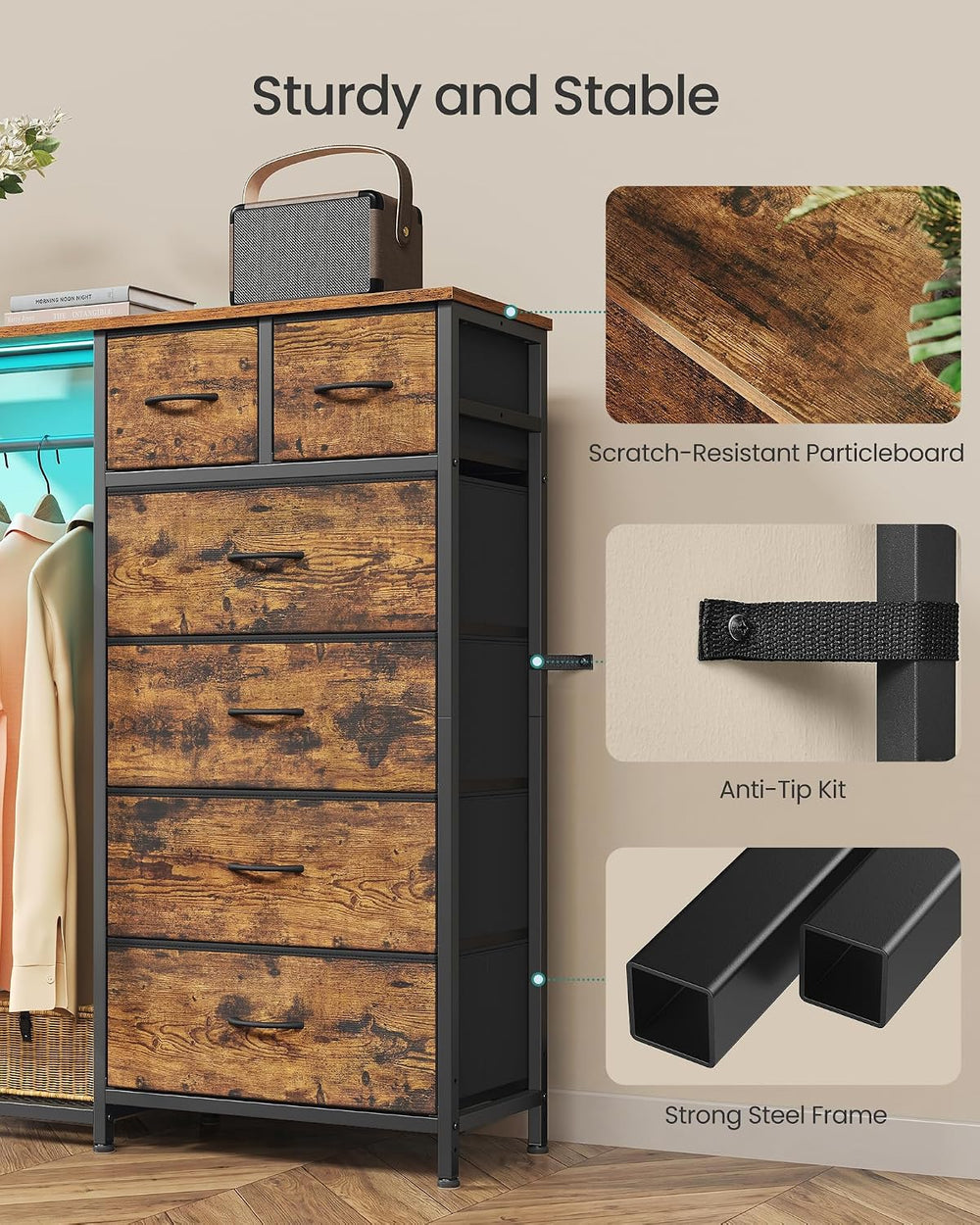 SONGMICS Dresser with Hanging Rod, Closet Organizer with 6 Fabric Drawers