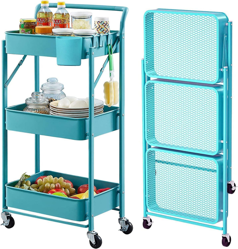 Foldable Utility Rolling Cart with Wheels No Assembly 3 Tier Metal Rolling Ca...