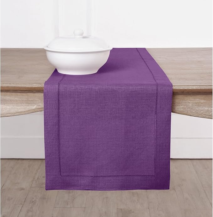 Solino Home Linen Table Runner 90 Inches Long - Classic Hemstitch 100% Pure L...
