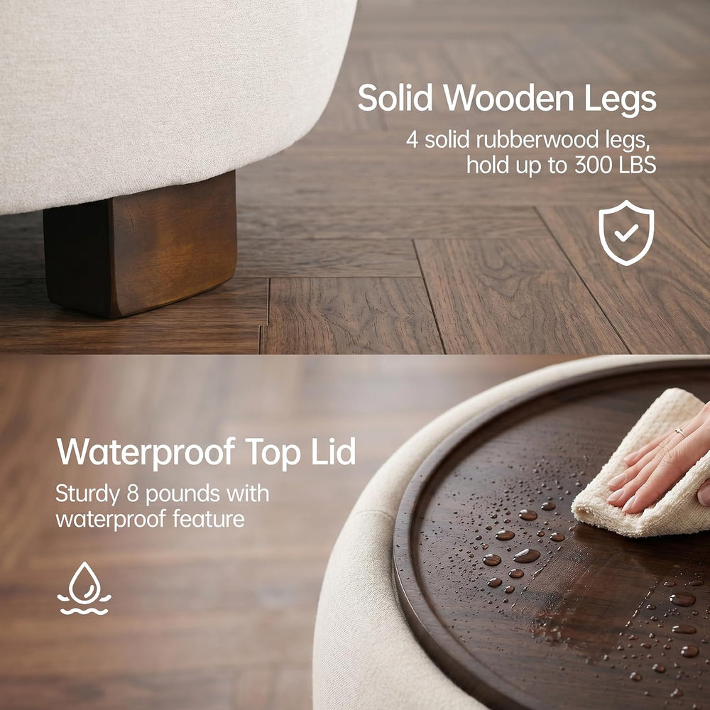 VKNOW 30 Inch Chenille Round Storage Ottoman with Wood Lift-Off Lid, Beige