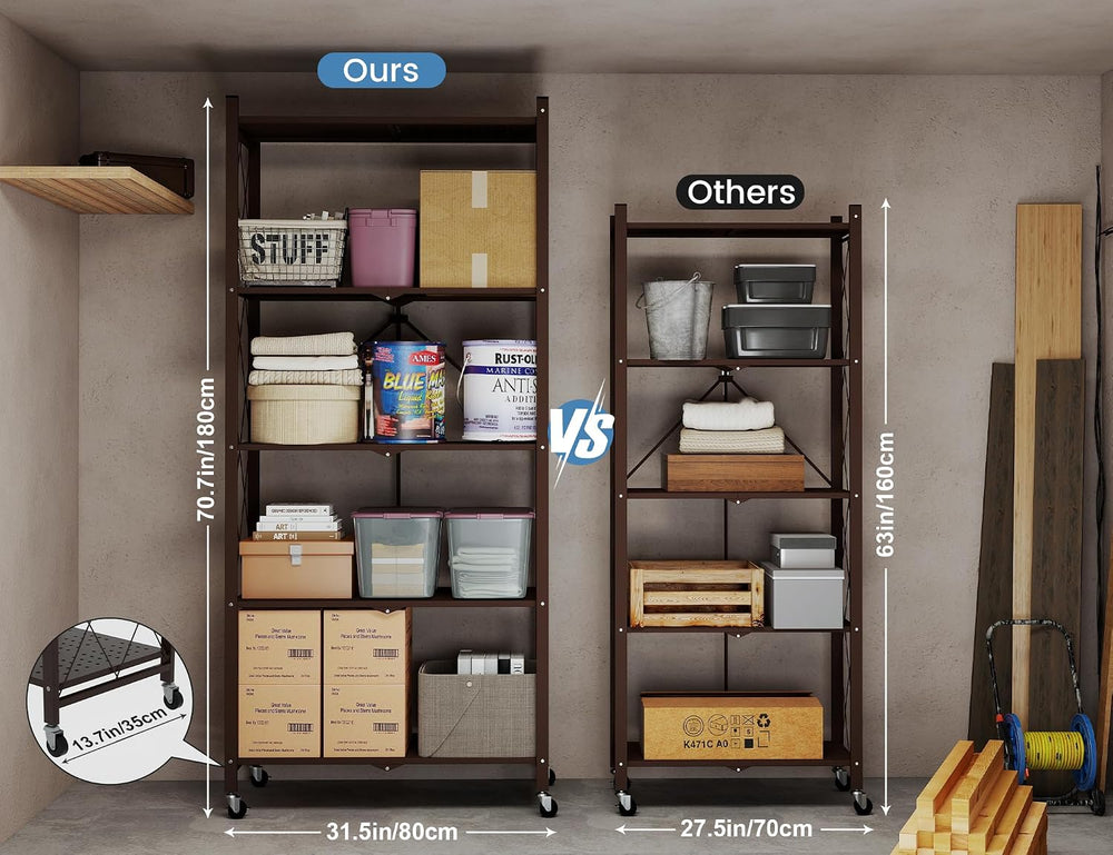 ALANNG 70.7" H Metal Storage Shelves, 5 Tier Folding Shelf on Wheels