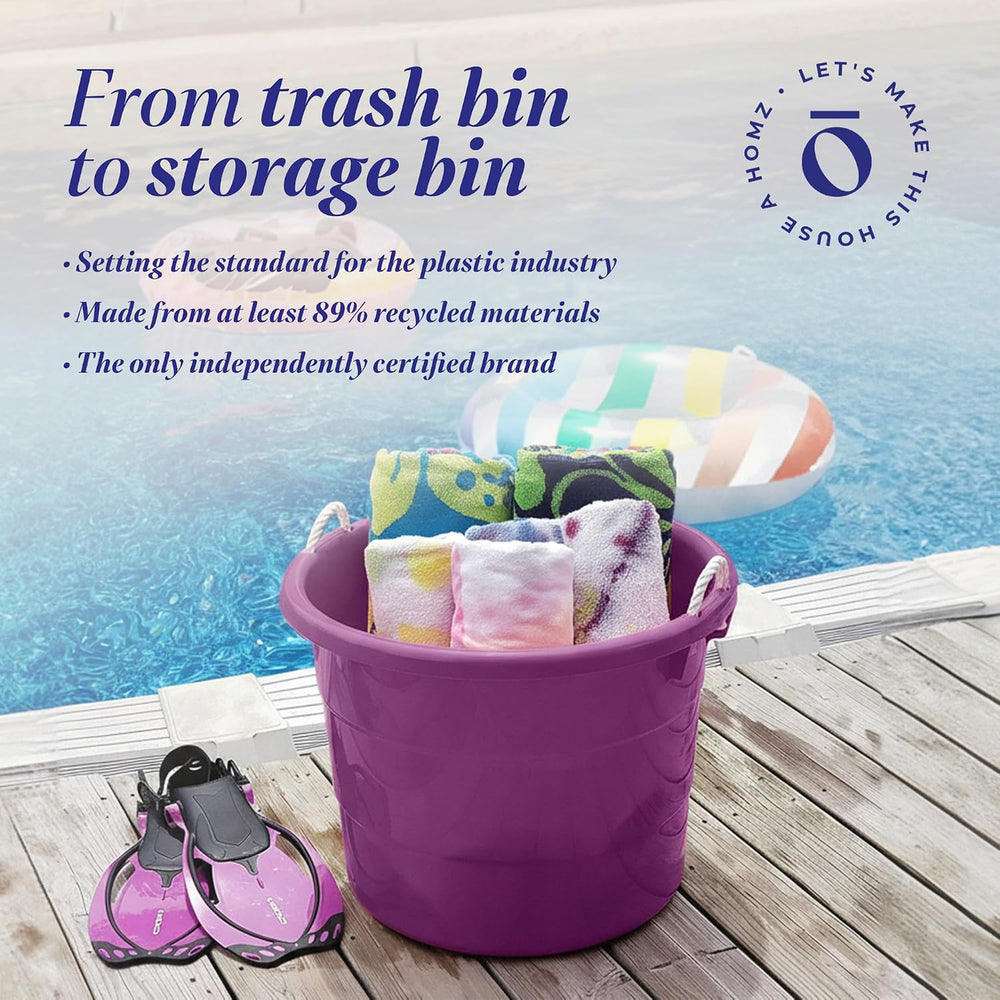 HOMZ Utility Tub, Storage Bucket with Rope Handles, 18 Gal, Purple, 2 Pack