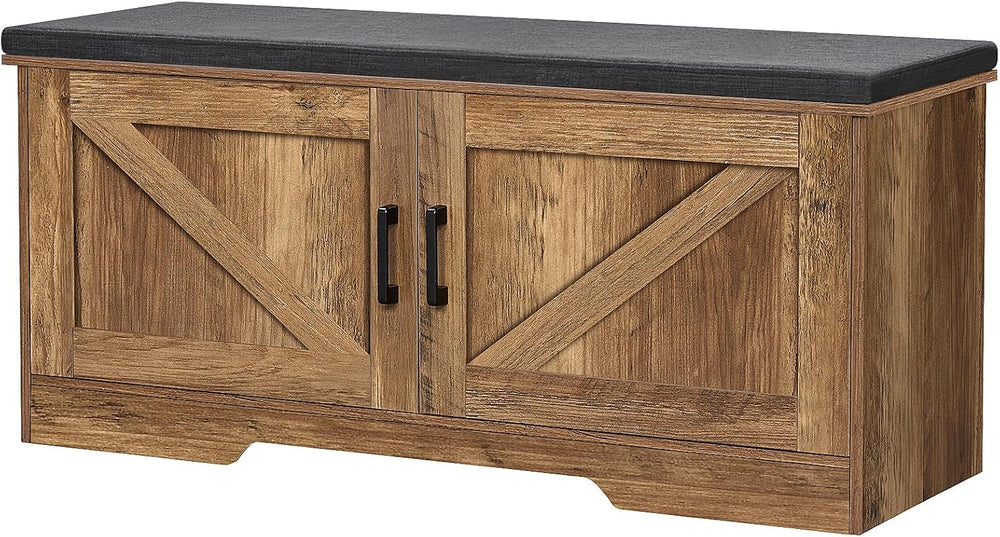 HOMSHO Farmhouse Shoe Storage Bench with 2 Barn Doors & Padded Seat Cushion