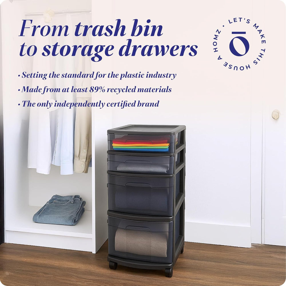 HOMZ Drawer Tower, 4-Tier Storage Cart with Removable Wheels, Black Frame