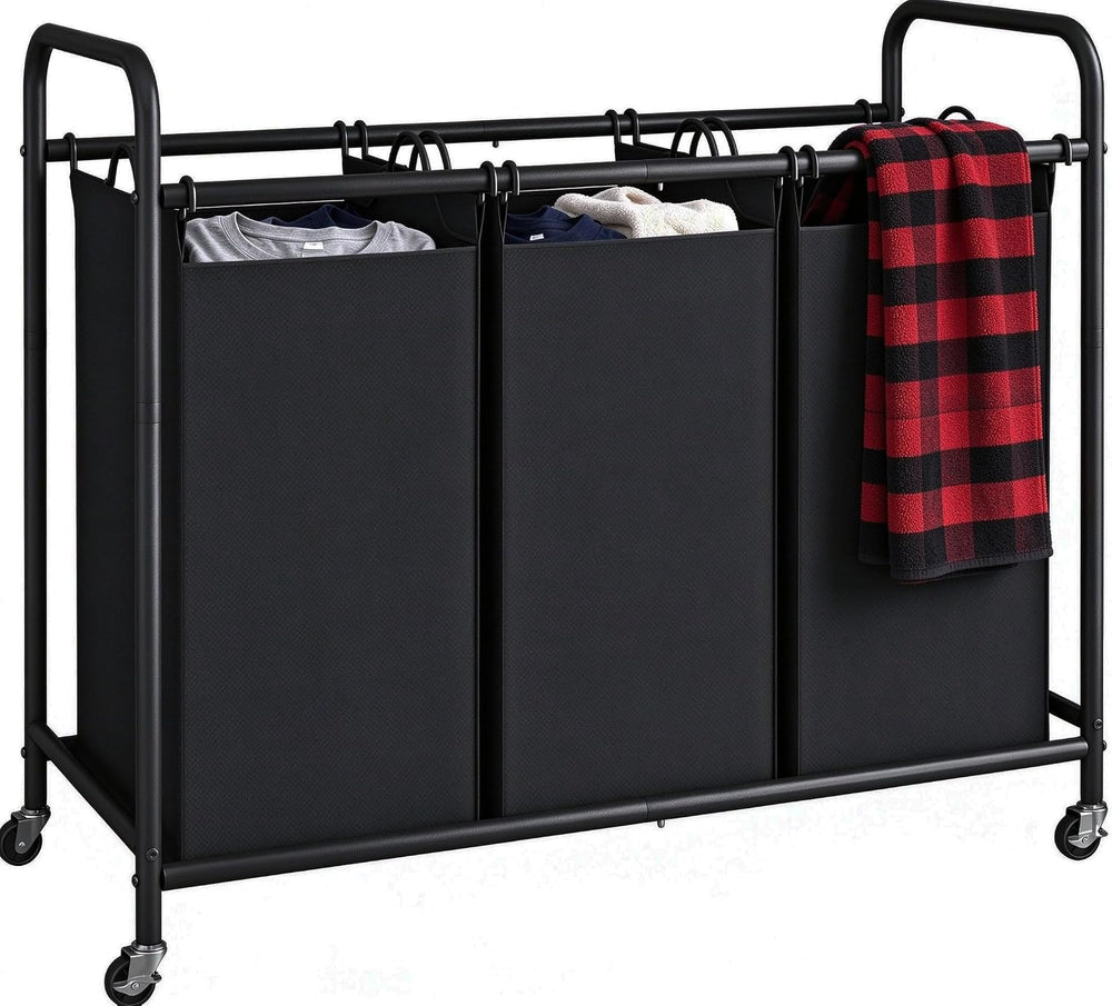 LINZINAR 3 Section Laundry Hamper Sorter, Black Laundry Basket with Wheels