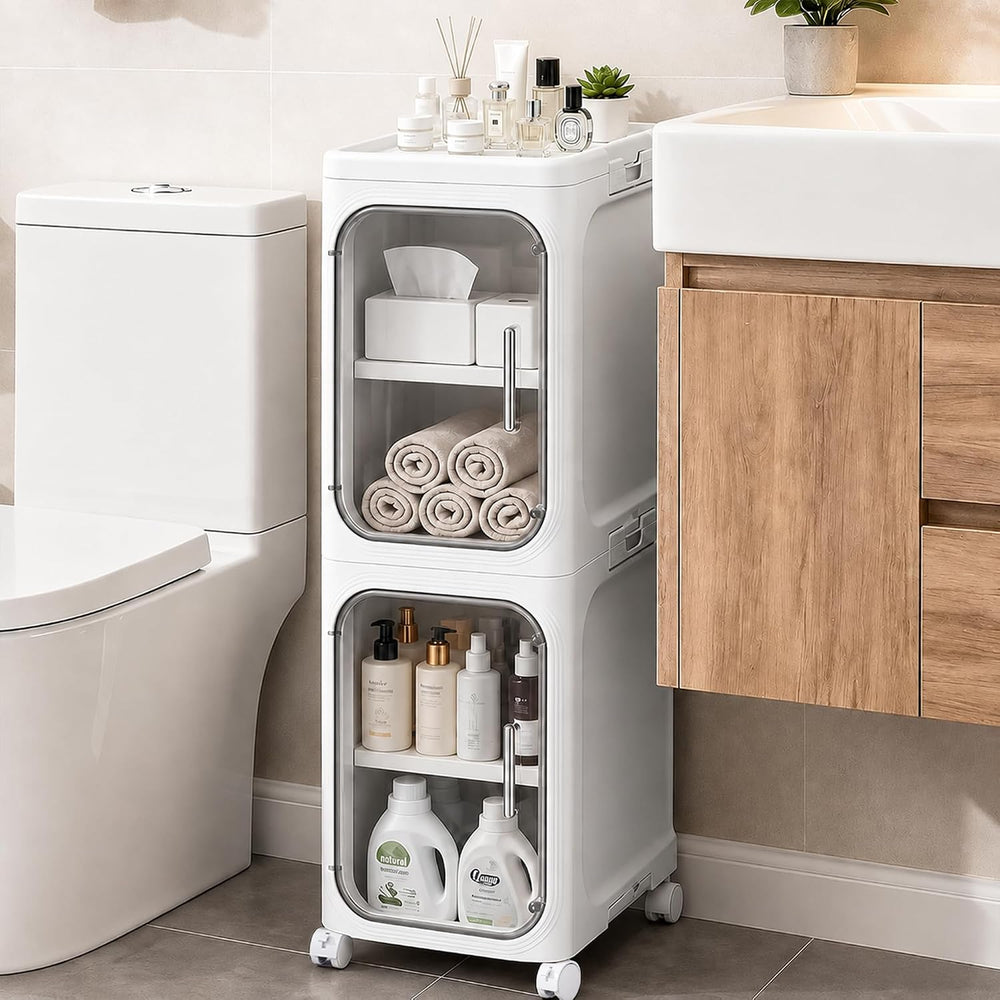 Narrow Slim Bathroom Storage Cabinet with Wheels, 2-Tier White