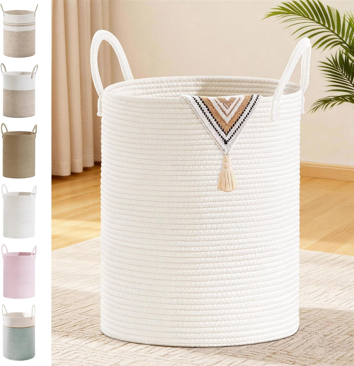 88L Large Tall Cotton Rope Laundry Basket with Handles, White