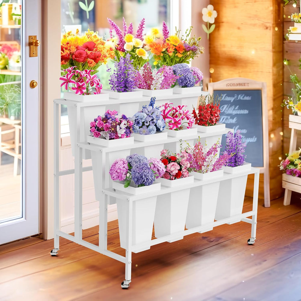 Asee'm Flower Display Stand with Buckets Bloom Bar Cart with Wheels White
