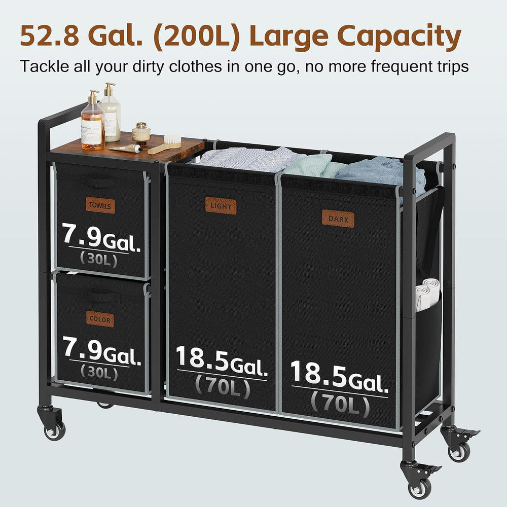 Hoctieon 4 Section Laundry Cart, 52.8 Gal. (200L) Laundry Hamper with Lid, La...