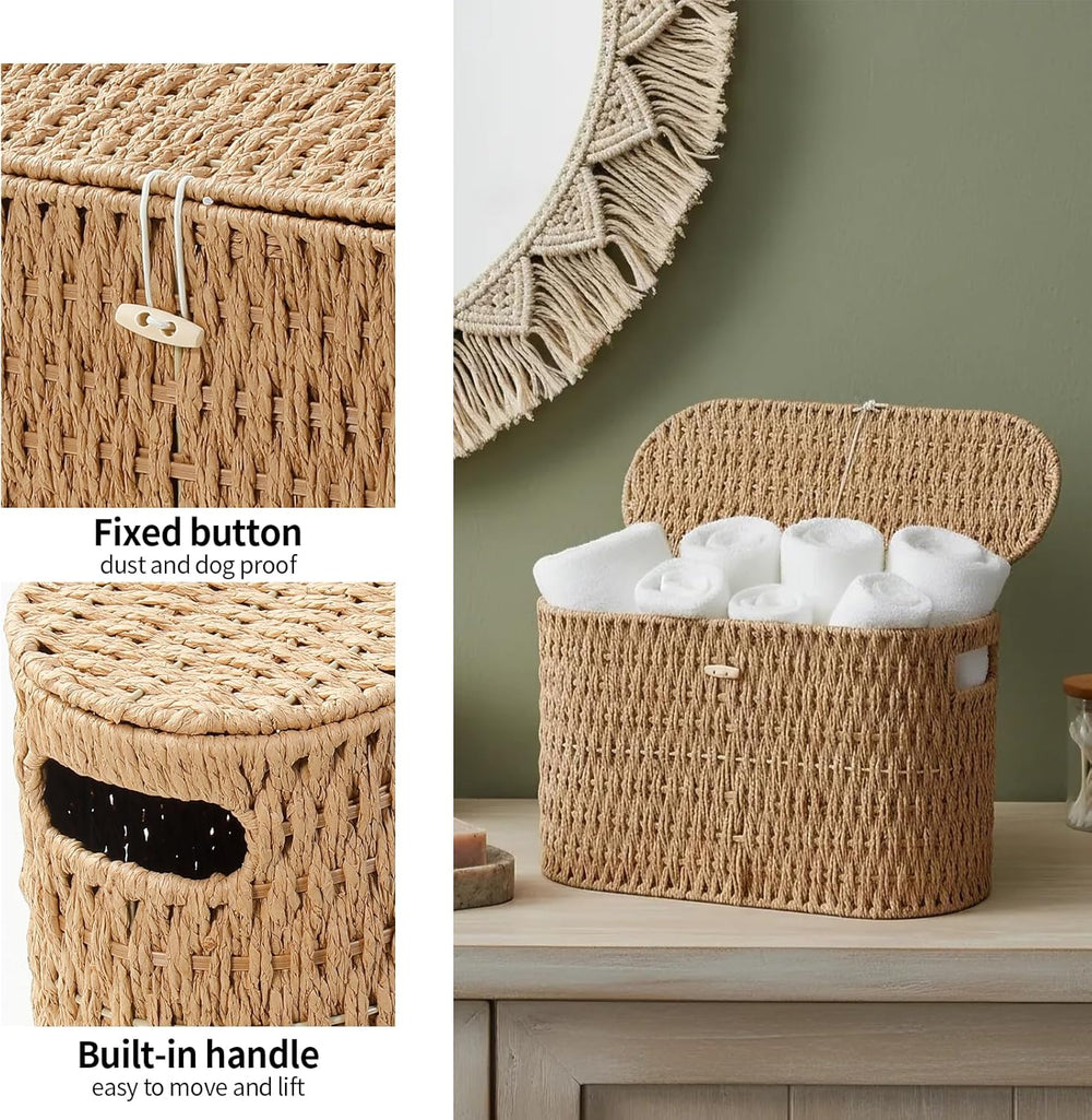 Toilet Paper Storage Basket with Lid, Paper Rope Wicker Basket for Bathroom O...