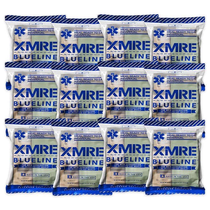 XMRE Blue Line MRE Meals Military 2022 Bulk | Military Grade MREs | For Survival Kits & Hurricane Preparedness Items | Emergency Food Supplies | Military Food Packs w/Flameless Ration Heater