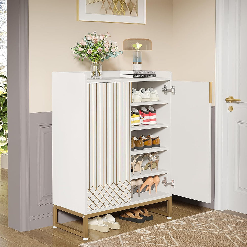 LITTLE TREE Modern White Shoe Cabinet with Doors for Up to 25 Pairs, 5-Tier W...