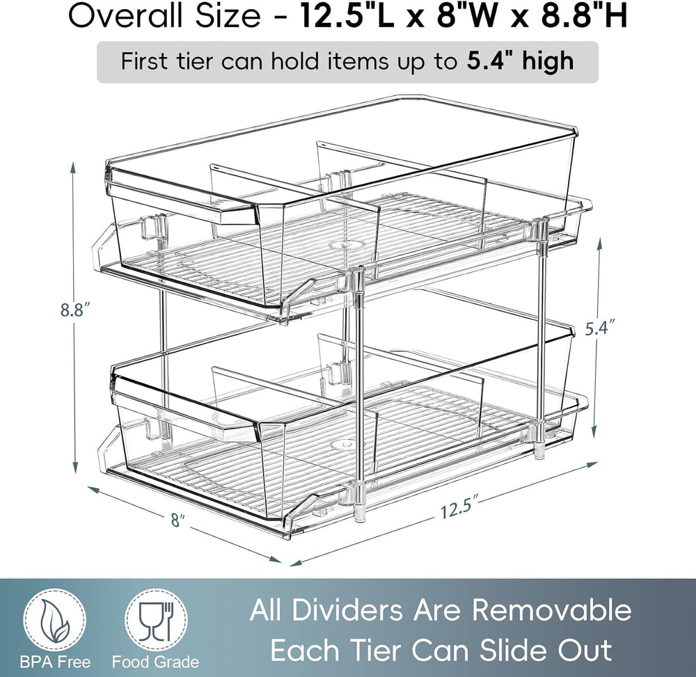 2 Set, 2 Tier Clear Organizer with Dividers for Cabinet, Shlef, Counter - Mul...