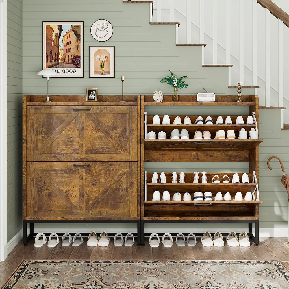 GRUSIGN Shoe Cabinet, Shoe Storage Cabinet with 2 Flip Drawers & Adjustab...