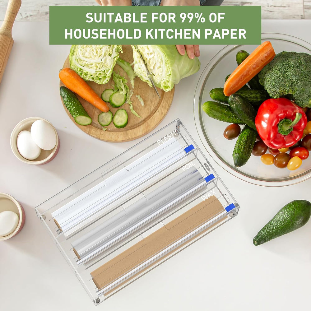 3 in 1 Clear Acrylic Foil, Plastic Wrap Organizer with Cutter