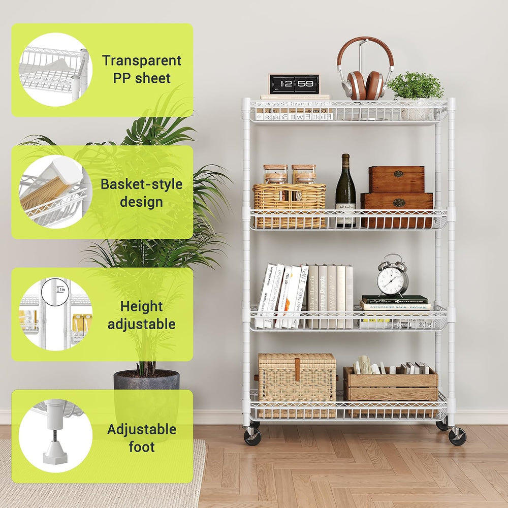 4-Tier Rolling Storage Shelves with Wire Baskets,30x13.5x44.5in