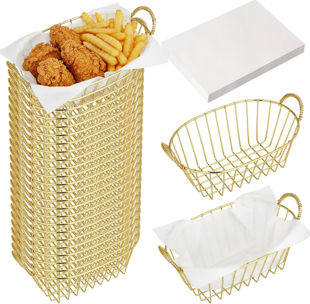 24 Pack Gold Metal Wire Fast Food Baskets Bulk with 100 Food Blotting Sheet