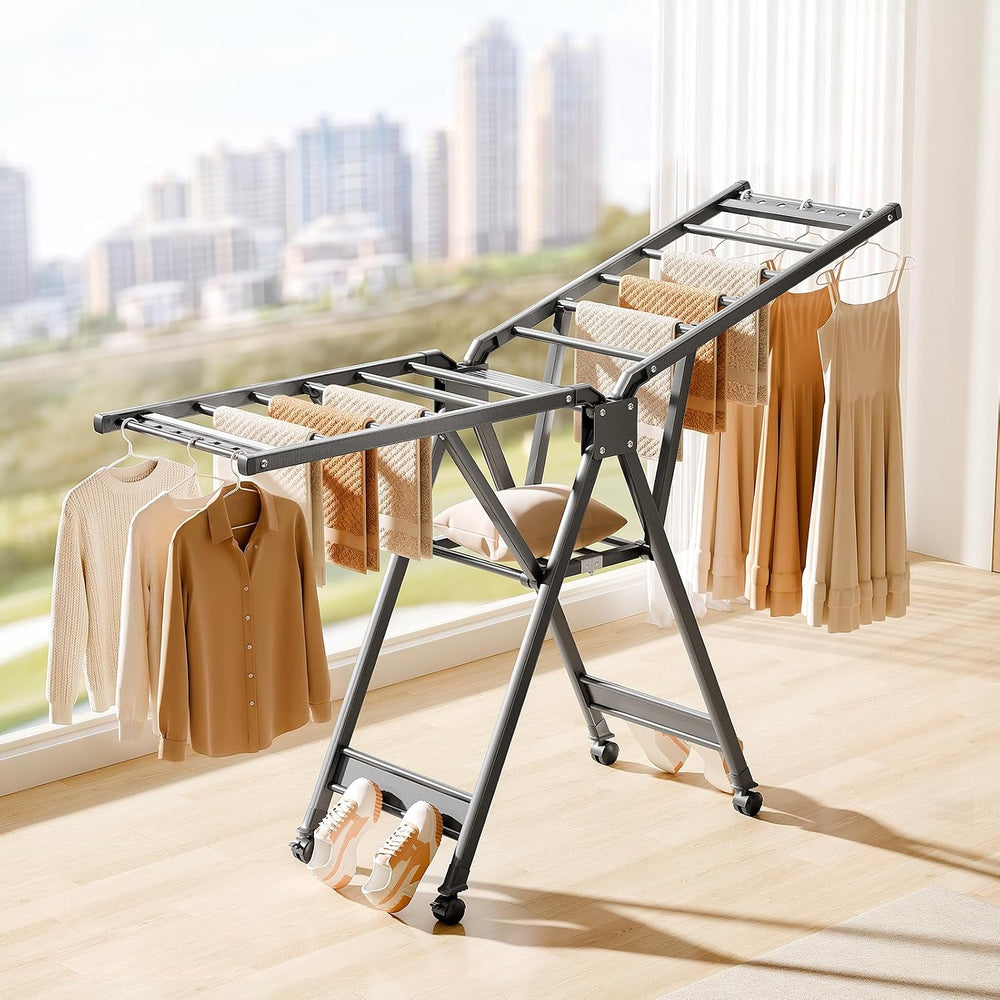 SUJI Collapsible Clothes Drying Rack, Dual Wing with Wheels, Grey