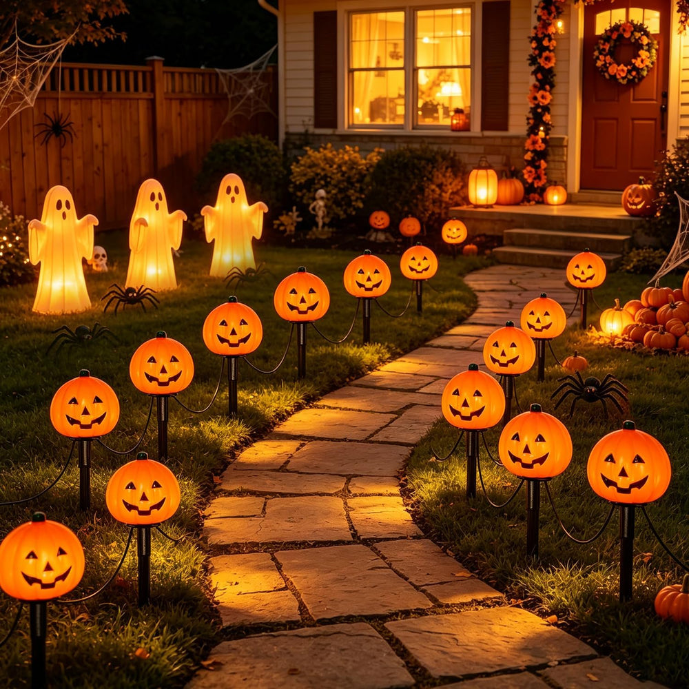 2 Sets 7Ft Halloween Pathway Lights Outdoor Pumpkin Stake Light with 4 Jack-O...